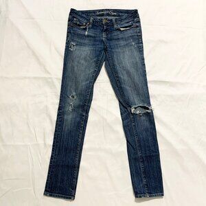 VTG Y2K American Eagle Skinny 77 Womens Distressed Denim jeans Pattern On Pocket